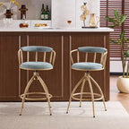Tabouret de bar pivotant en tissu de lin bleu neige avec pieds en bois