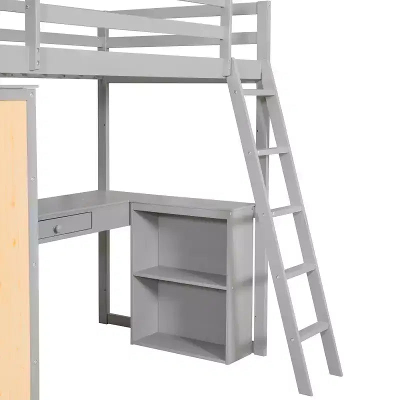 Lit mezzanine avec bureau et étagères, Cadre de lit mezzanine haut en bois massif avec tiroirs de rangement pour chambre d'enfants et adolescents