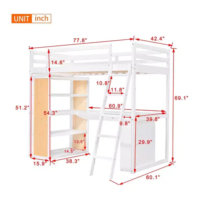 Lit mezzanine avec bureau et étagères, Cadre de lit mezzanine haut en bois massif avec tiroirs de rangement pour chambre d'enfants et adolescents