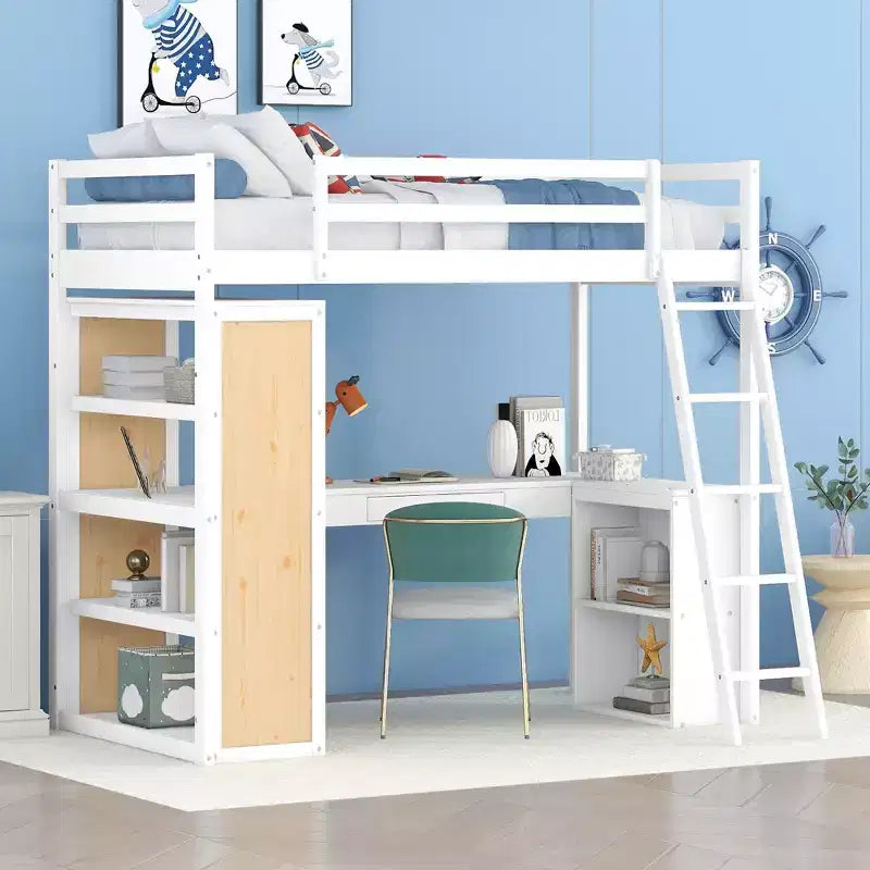 Lit mezzanine avec bureau et étagères, Cadre de lit mezzanine haut en bois massif avec tiroirs de rangement pour chambre d'enfants et adolescents