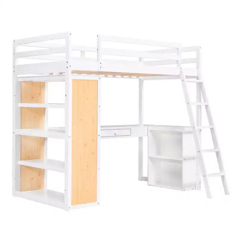 Lit mezzanine avec bureau et étagères, Cadre de lit mezzanine haut en bois massif avec tiroirs de rangement pour chambre d'enfants et adolescents
