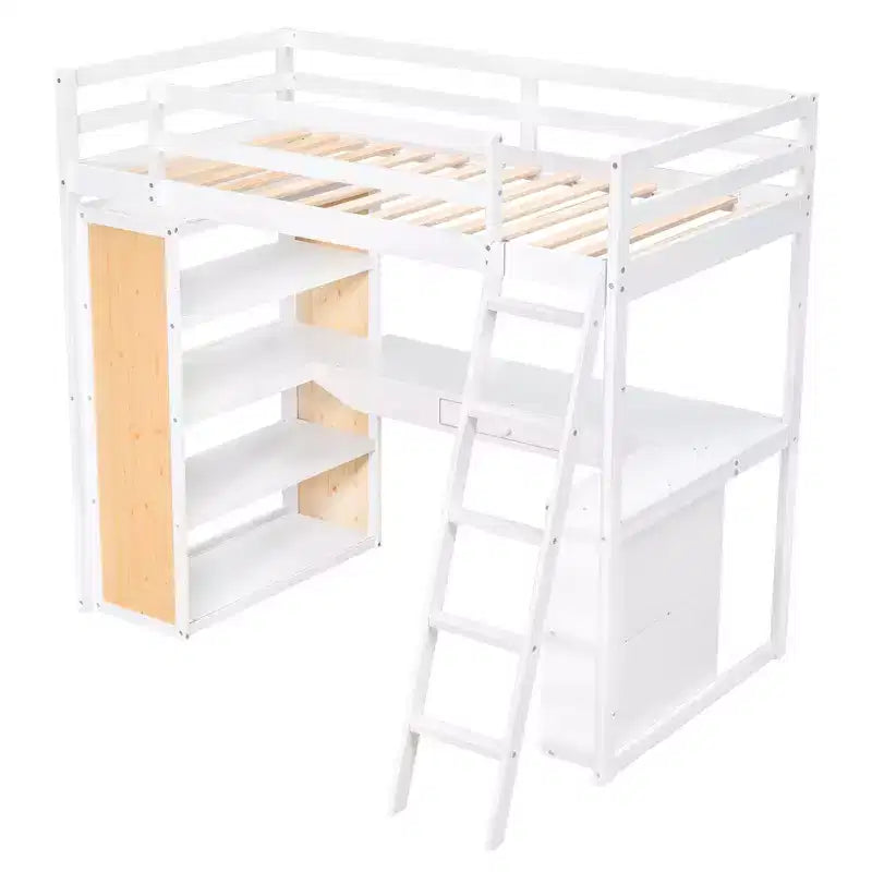 Lit mezzanine avec bureau et étagères, Cadre de lit mezzanine haut en bois massif avec tiroirs de rangement pour chambre d'enfants et adolescents