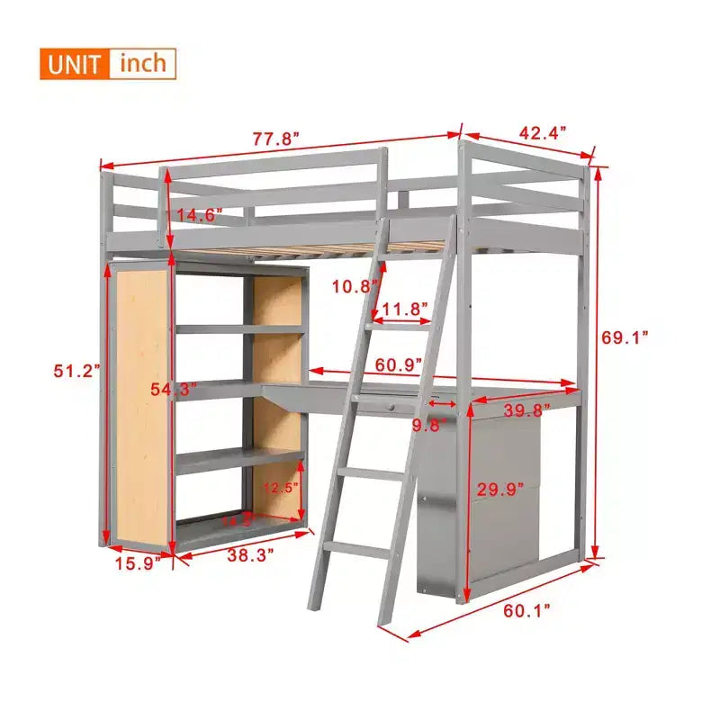 Lit mezzanine avec bureau et étagères, Cadre de lit mezzanine haut en bois massif avec tiroirs de rangement pour chambre d'enfants et adolescents