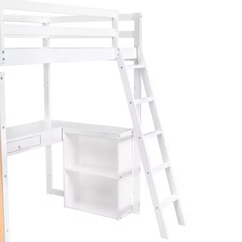 Lit mezzanine avec bureau et étagères, Cadre de lit mezzanine haut en bois massif avec tiroirs de rangement pour chambre d'enfants et adolescents