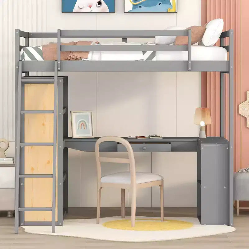 Lit mezzanine avec bureau et étagères, Cadre de lit mezzanine haut en bois massif avec tiroirs de rangement pour chambre d'enfants et adolescents