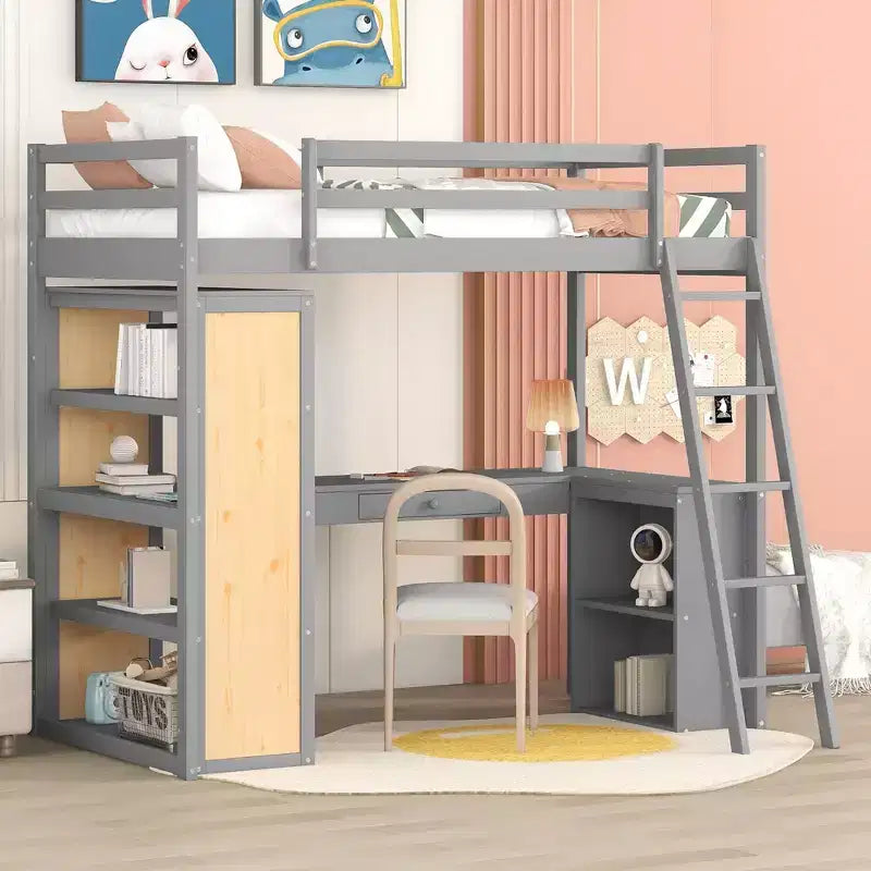 Lit mezzanine avec bureau et étagères, Cadre de lit mezzanine haut en bois massif avec tiroirs de rangement pour chambre d'enfants et adolescents