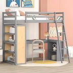 Lit mezzanine avec bureau et étagères, Cadre de lit mezzanine haut en bois massif avec tiroirs de rangement pour chambre d'enfants et adolescents