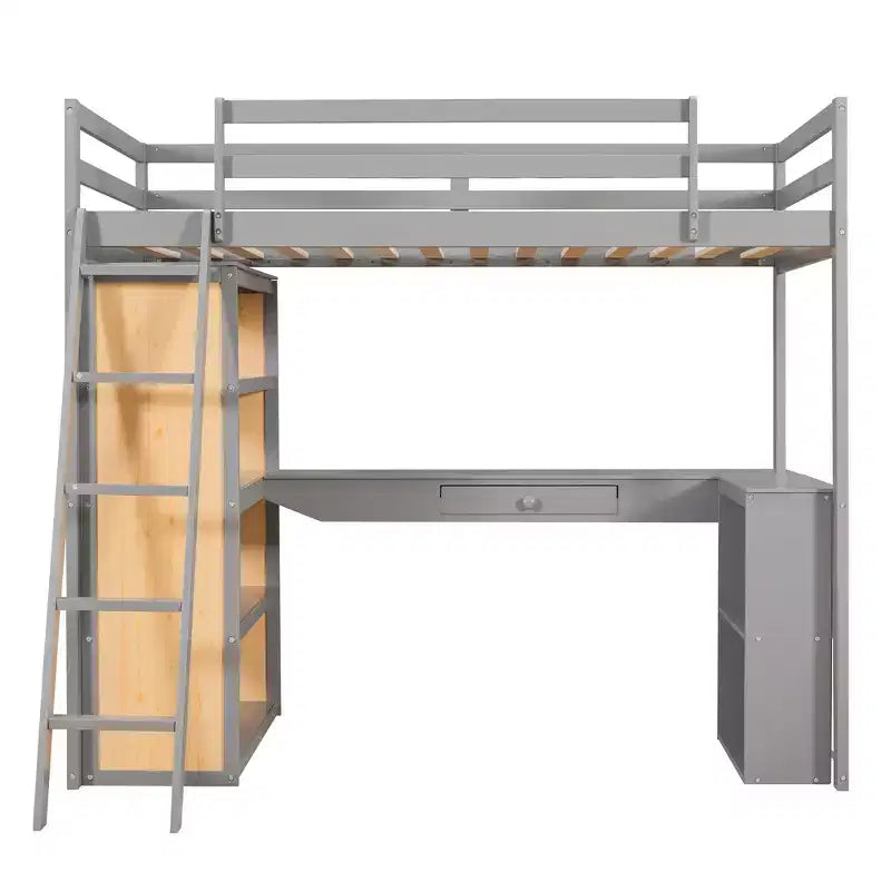Lit mezzanine avec bureau et étagères, Cadre de lit mezzanine haut en bois massif avec tiroirs de rangement pour chambre d'enfants et adolescents