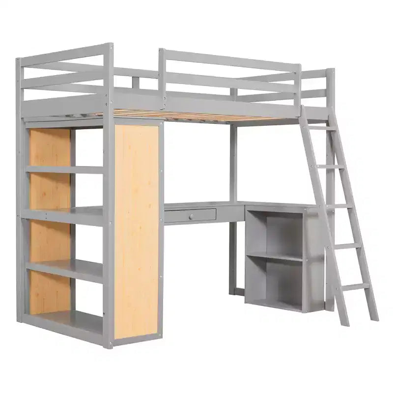 Lit mezzanine avec bureau et étagères, Cadre de lit mezzanine haut en bois massif avec tiroirs de rangement pour chambre d'enfants et adolescents
