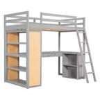 Lit mezzanine avec bureau et étagères, Cadre de lit mezzanine haut en bois massif avec tiroirs de rangement pour chambre d'enfants et adolescents