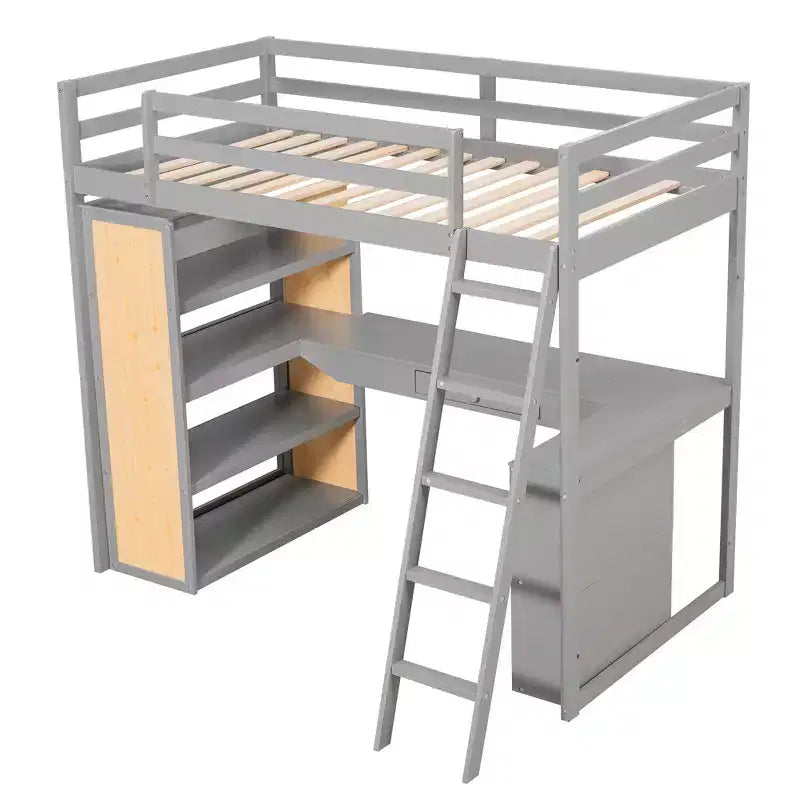 Lit mezzanine avec bureau et étagères, Cadre de lit mezzanine haut en bois massif avec tiroirs de rangement pour chambre d'enfants et adolescents
