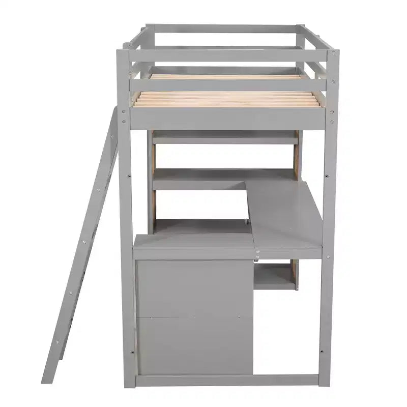 Lit mezzanine avec bureau et étagères, Cadre de lit mezzanine haut en bois massif avec tiroirs de rangement pour chambre d'enfants et adolescents
