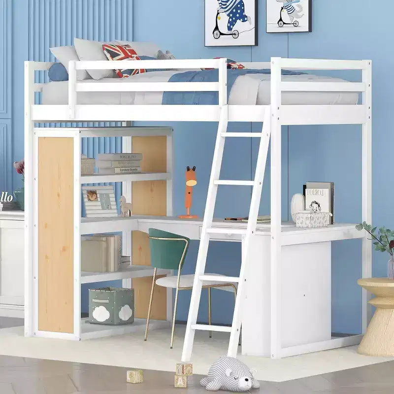 Lit mezzanine avec bureau et étagères, Cadre de lit mezzanine haut en bois massif avec tiroirs de rangement pour chambre d'enfants et adolescents