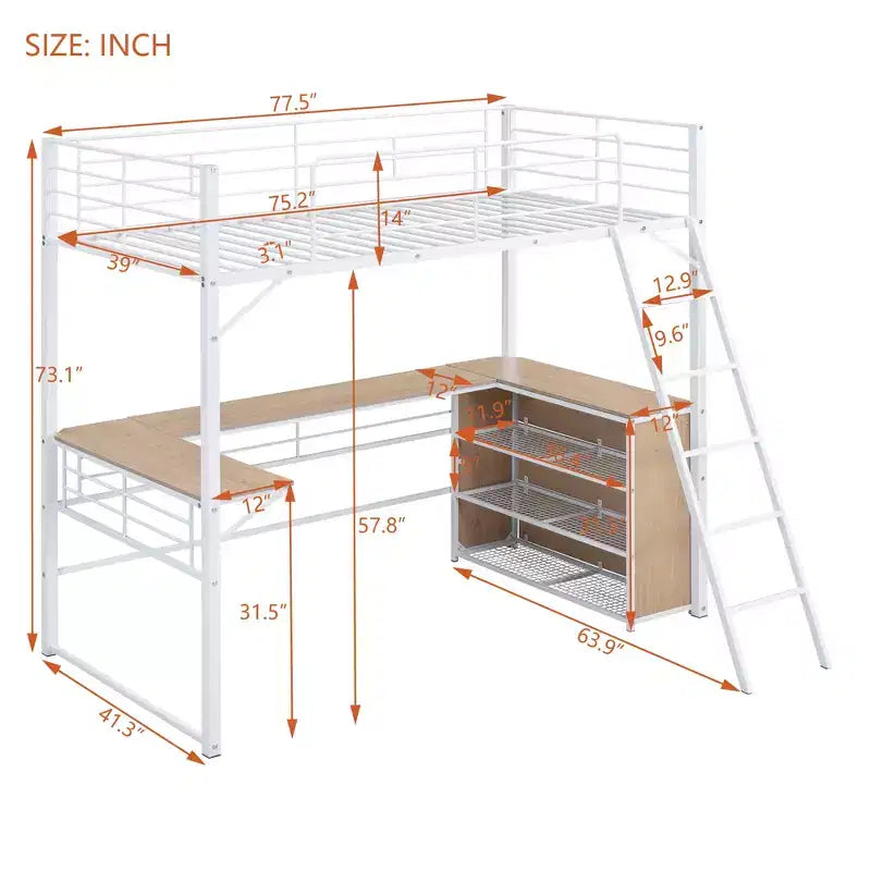 Lit mezzanine en métal avec bureau et étagères pour adolescents, cadre de lit mezzanine haut avec bureau et rangement