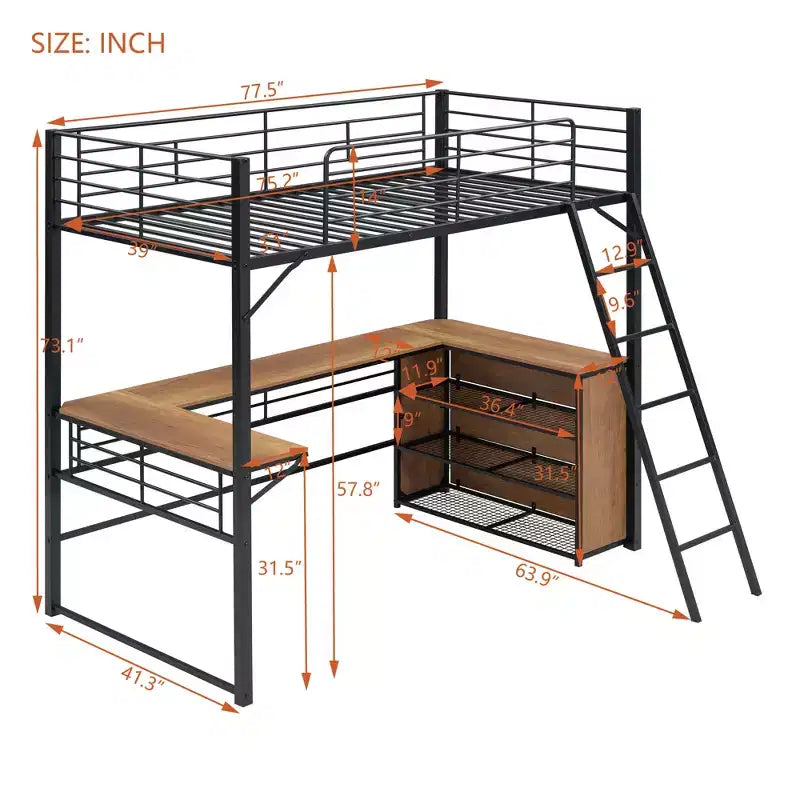 Lit mezzanine en métal avec bureau et étagères pour adolescents, cadre de lit mezzanine haut avec bureau et rangement