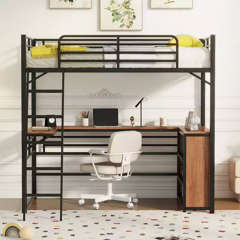 Lit mezzanine en métal avec bureau et étagères pour adolescents, cadre de lit mezzanine haut avec bureau et rangement