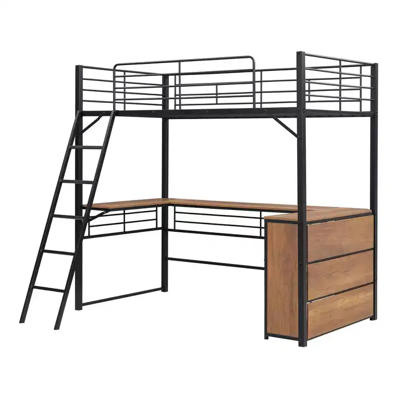 Lit mezzanine en métal avec bureau et étagères pour adolescents, cadre de lit mezzanine haut avec bureau et rangement