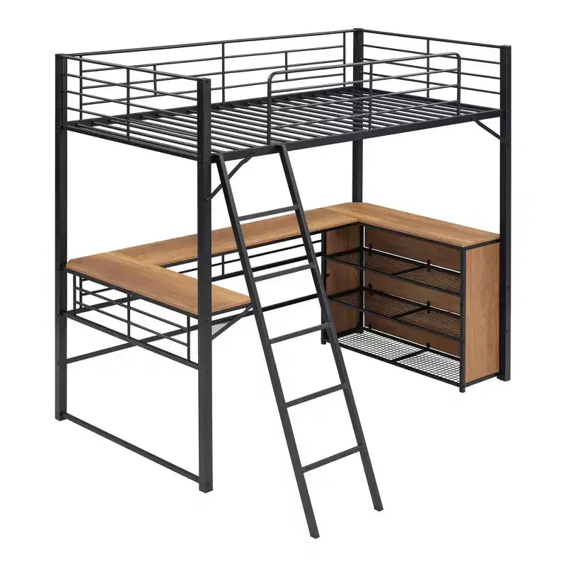 Lit mezzanine en métal avec bureau et étagères pour adolescents, cadre de lit mezzanine haut avec bureau et rangement