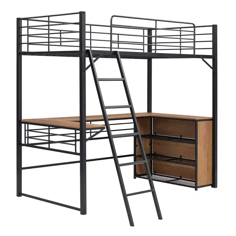 Lit mezzanine en métal avec bureau et étagères pour adolescents, cadre de lit mezzanine haut avec bureau et rangement