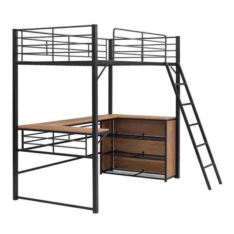 Lit mezzanine en métal avec bureau et étagères pour adolescents, cadre de lit mezzanine haut avec bureau et rangement