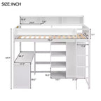 Lit mezzanine double avec étagères de rangement et armoire, lit mezzanine en bois avec bureau intégré et escalier pour enfants, adolescents et adultes