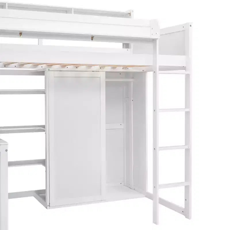 Lit mezzanine double avec étagères de rangement et armoire, lit mezzanine en bois avec bureau intégré et escalier pour enfants, adolescents et adultes