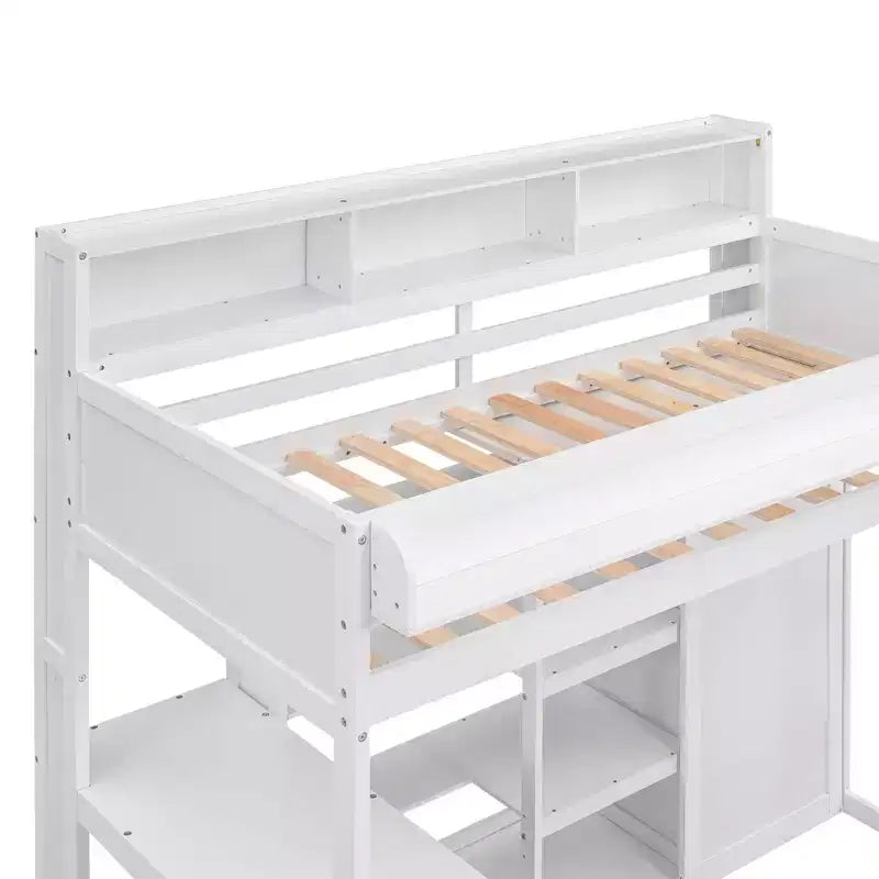 Lit mezzanine double avec étagères de rangement et armoire, lit mezzanine en bois avec bureau intégré et escalier pour enfants, adolescents et adultes