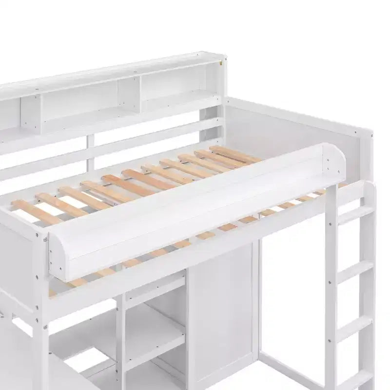 Lit mezzanine double avec étagères de rangement et armoire, lit mezzanine en bois avec bureau intégré et escalier pour enfants, adolescents et adultes