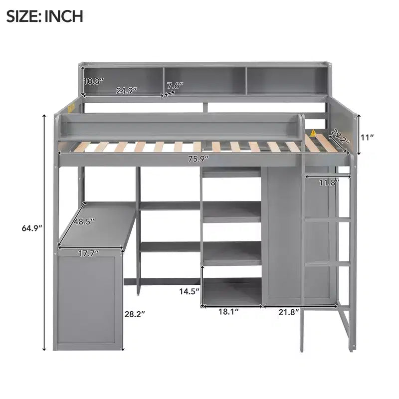 Lit mezzanine double avec étagères de rangement et armoire, lit mezzanine en bois avec bureau intégré et escalier pour enfants, adolescents et adultes