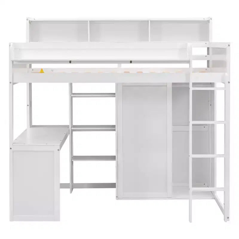 Lit mezzanine double avec étagères de rangement et armoire, lit mezzanine en bois avec bureau intégré et escalier pour enfants, adolescents et adultes