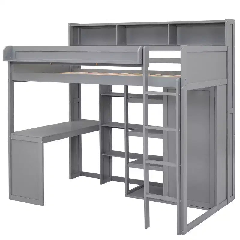 Lit mezzanine double avec étagères de rangement et armoire, lit mezzanine en bois avec bureau intégré et escalier pour enfants, adolescents et adultes