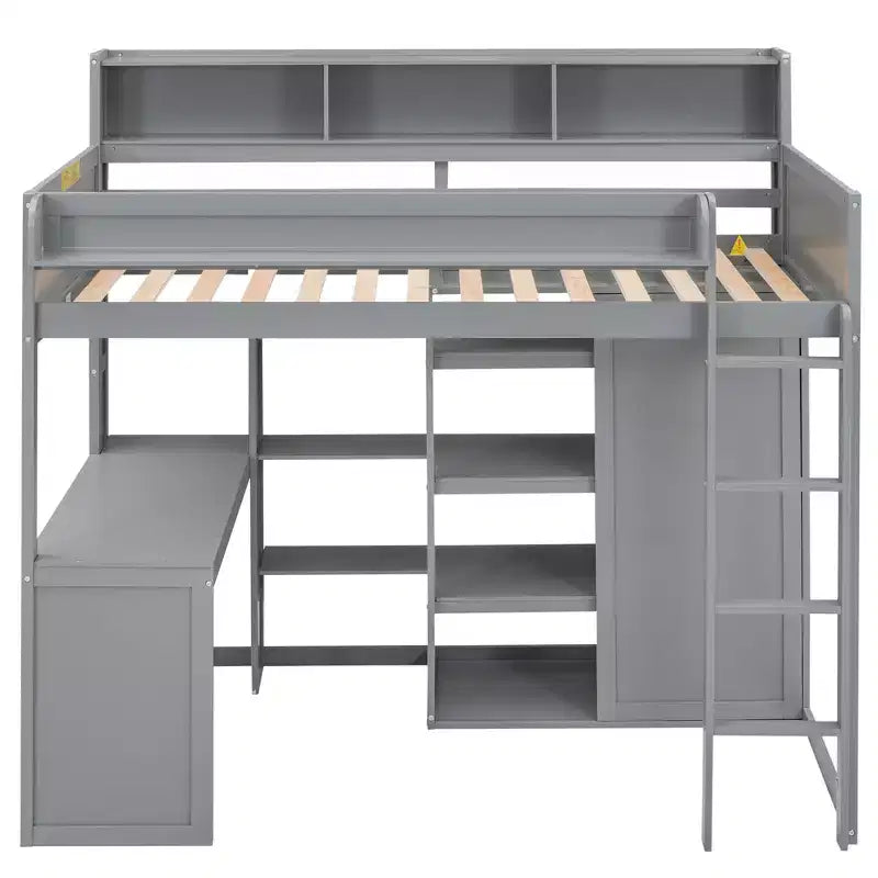 Lit mezzanine double avec étagères de rangement et armoire, lit mezzanine en bois avec bureau intégré et escalier pour enfants, adolescents et adultes