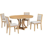 Ensemble de salle à manger rétro 5 pièces avec table ronde extensible et 4 chaises rembourrées