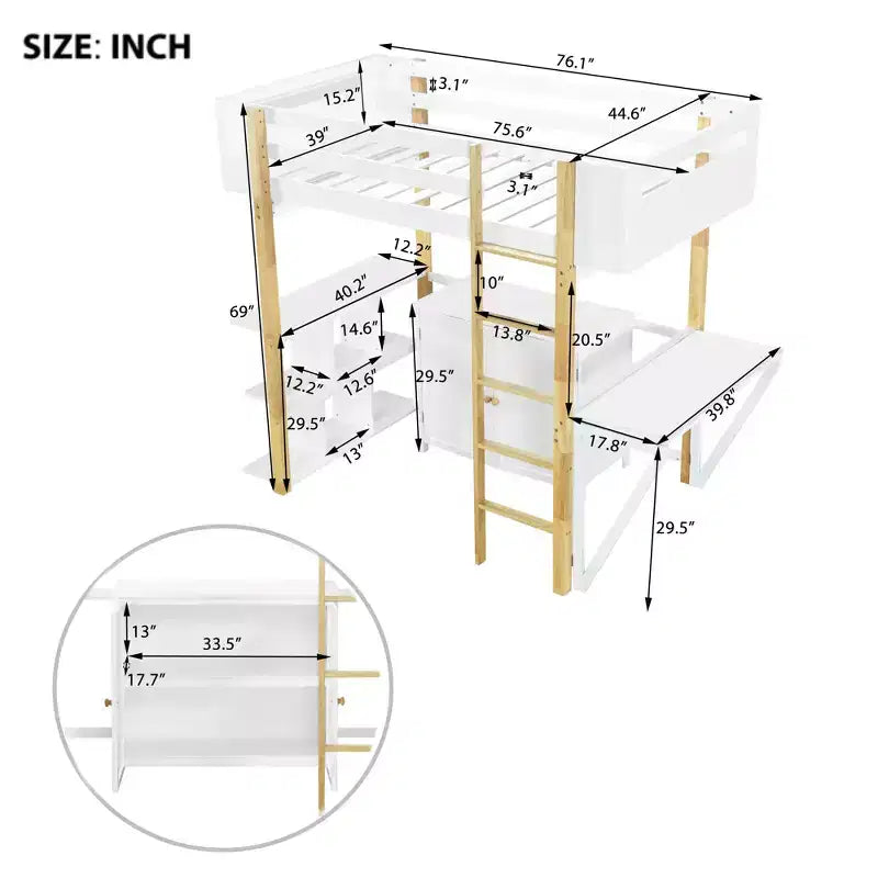 Lit mezzanine avec bureau pliable, cadre de lit mezzanine en bois avec armoire de rangement intégrée et compartiments