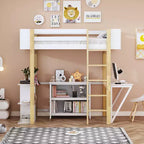 Lit mezzanine avec bureau pliable, cadre de lit mezzanine en bois avec armoire de rangement intégrée et compartiments