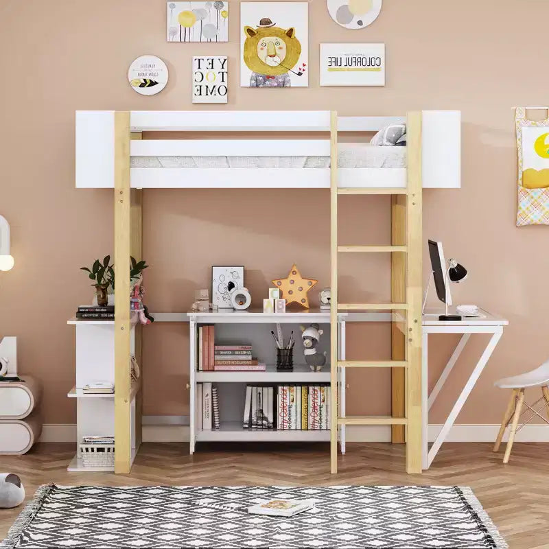Lit mezzanine avec bureau pliable, cadre de lit mezzanine en bois avec armoire de rangement intégrée et compartiments