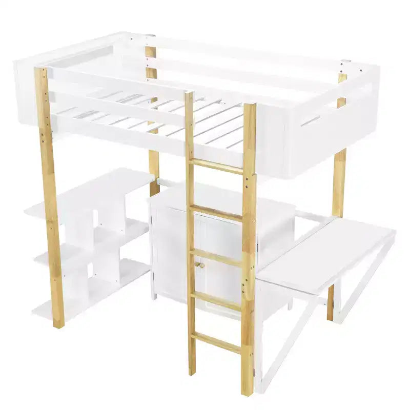 Lit mezzanine avec bureau pliable, cadre de lit mezzanine en bois avec armoire de rangement intégrée et compartiments