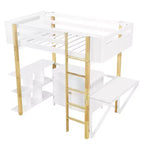 Lit mezzanine avec bureau pliable, cadre de lit mezzanine en bois avec armoire de rangement intégrée et compartiments