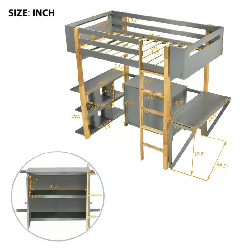 Lit mezzanine avec bureau pliable, cadre de lit mezzanine en bois avec armoire de rangement intégrée et compartiments
