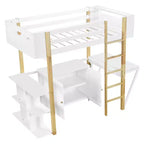 Lit mezzanine avec bureau pliable, cadre de lit mezzanine en bois avec armoire de rangement intégrée et compartiments