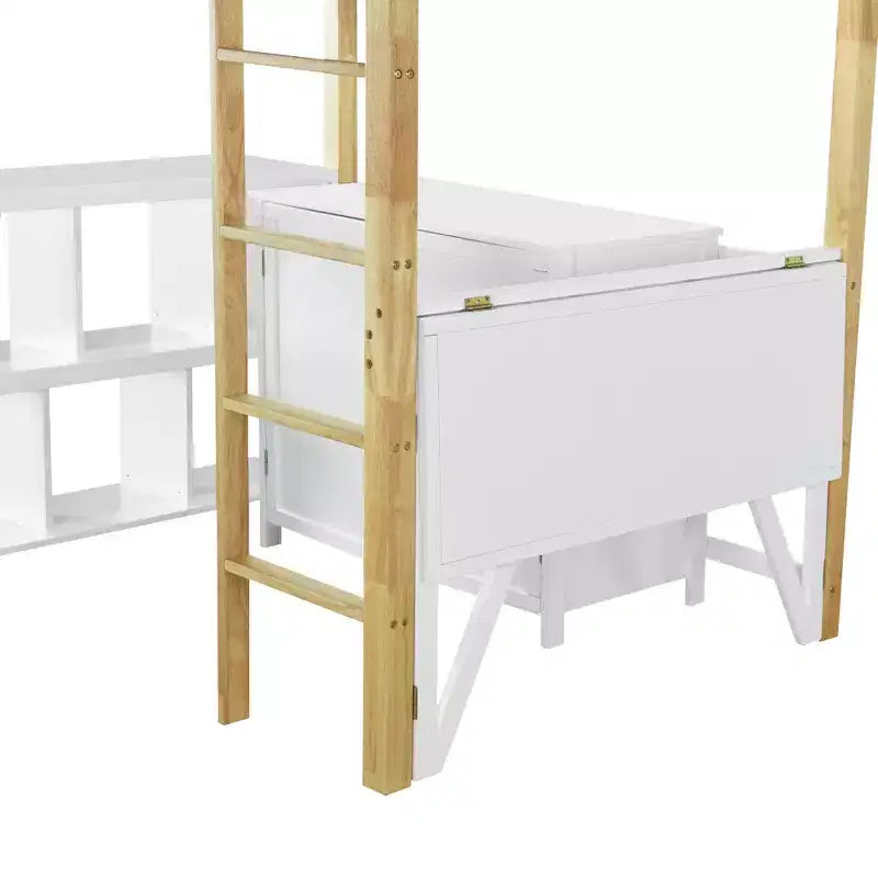 Lit mezzanine avec bureau pliable, cadre de lit mezzanine en bois avec armoire de rangement intégrée et compartiments