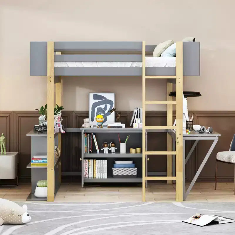 Lit mezzanine avec bureau pliable, cadre de lit mezzanine en bois avec armoire de rangement intégrée et compartiments