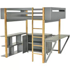 Lit mezzanine avec bureau pliable, cadre de lit mezzanine en bois avec armoire de rangement intégrée et compartiments