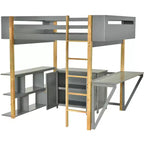 Lit mezzanine avec bureau pliable, cadre de lit mezzanine en bois avec armoire de rangement intégrée et compartiments