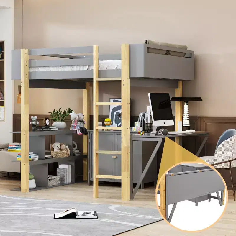 Loft Bed with Foldable Desk, Wood Loft Bed Frame with Built-in Storage Cabinet and Cubes