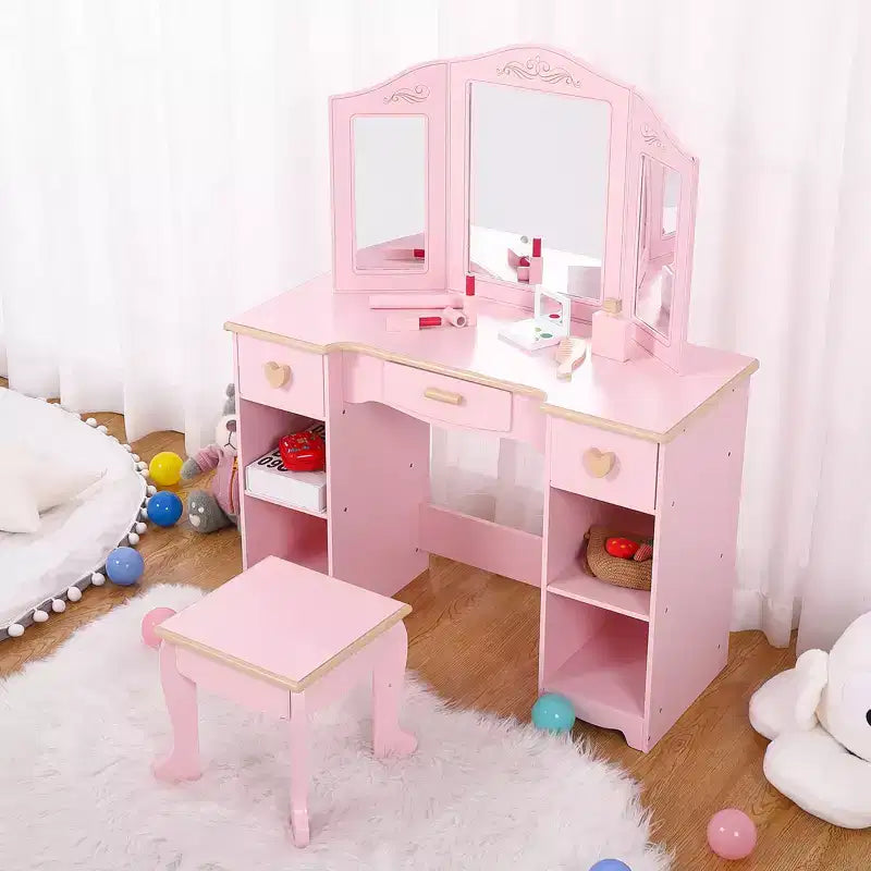 Coiffeuse et tabouret pour enfants - Coiffeuse rose pour filles avec miroir, tiroirs et étagères de rangement