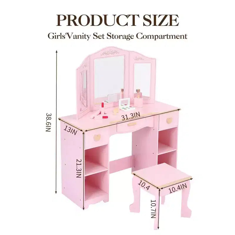 Coiffeuse et tabouret pour enfants - Coiffeuse rose pour filles avec miroir, tiroirs et étagères de rangement