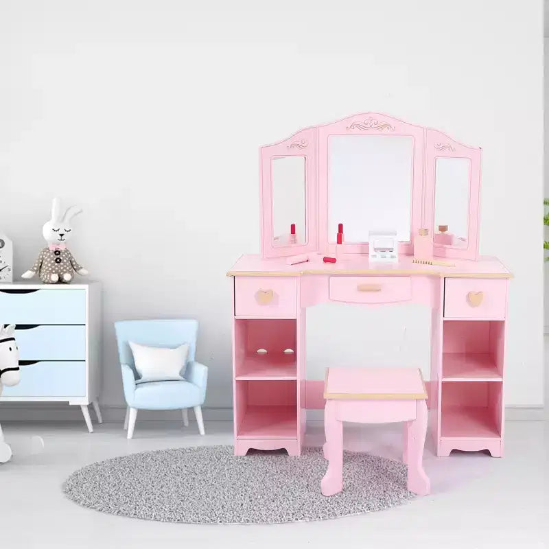 Coiffeuse et tabouret pour enfants - Coiffeuse rose pour filles avec miroir, tiroirs et étagères de rangement