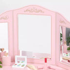 Coiffeuse et tabouret pour enfants - Coiffeuse rose pour filles avec miroir, tiroirs et étagères de rangement
