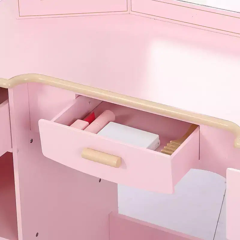 Coiffeuse et tabouret pour enfants - Coiffeuse rose pour filles avec miroir, tiroirs et étagères de rangement